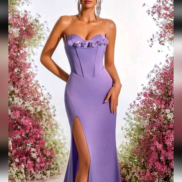 Elegant Lavender Strapless Gown With Novelty 3D Floral Decor On Neckline Dress - Picture 2 of 5